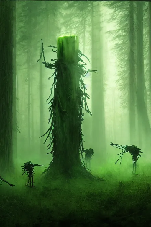 Image similar to four skeletons made of green magic luminous smoke are playing musical instruments. the background is misty forest, full of green swirling smoke, harry potter, death eaters, dementors, craig mullins, albert bierstadt, greg rutkowski, tarkovski, realistic, highly detailed, artstation, early morning, atmospheric, aestetic, moody