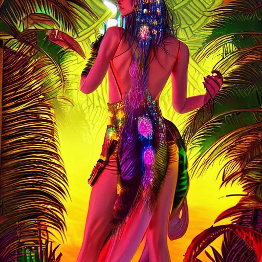 Prompt: Flashy futuristic techno-rave goa goddess with an aureola behind her, at sunset in the jungle, detailed digital art