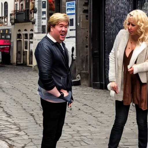 Image similar to a blonde woman & Michael mcintyre searching for food in Porto