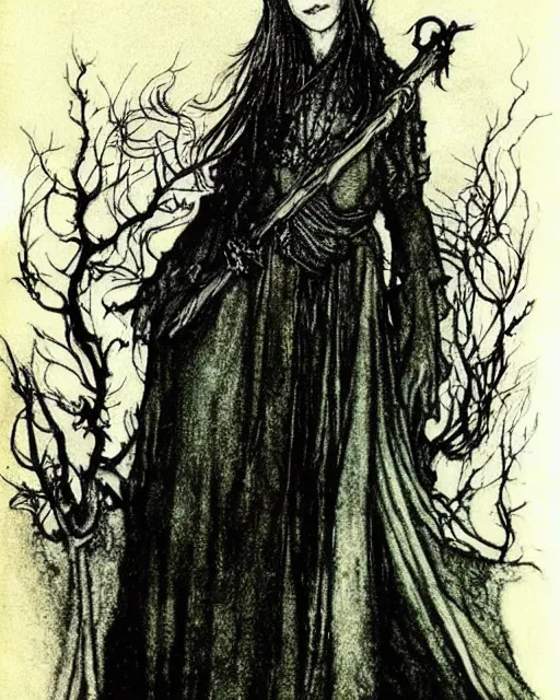 Image similar to style of arthur rackham : : gorgeous willa holland : : evil witch, swirling black magic, black dress : : symmetrical face, symmetrical eyes : : full body pose : : gorgeous black hair : : magic lighting, low spacial lighting : :