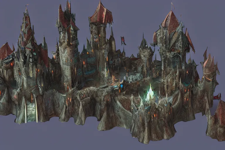 Image similar to big evil fairy castle - city rock dark shadow elves, might and magic heroes 7, dark fantasy, shadows, artstation trending, unreal engine 5, red