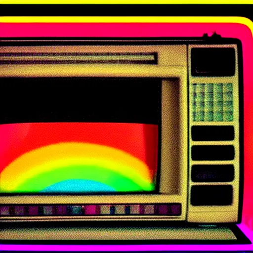 Prompt: Retro VHS grainy 80s film aesthetic, CRT old TV with an explosion of psychedelic rainbow paint 🎨📺, grainy broadcast of rainbow paint explosion