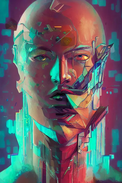 Image similar to abstract portrait, cyberpunk hero, floating detailes, very detailed face, leaves by miyazaki, colorful palette illustration, kenneth blom, mental alchemy, james jean, pablo amaringo, naudline pierre, contemporary art, hyper detailed