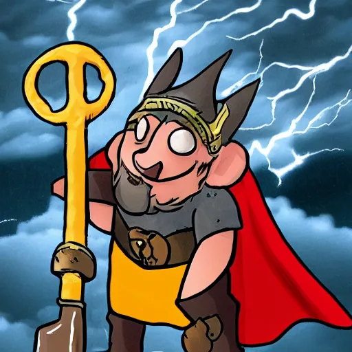 Image similar to the rat thor ~ holding his hammer ~ dramatic thunder background ~ fighting scene ~