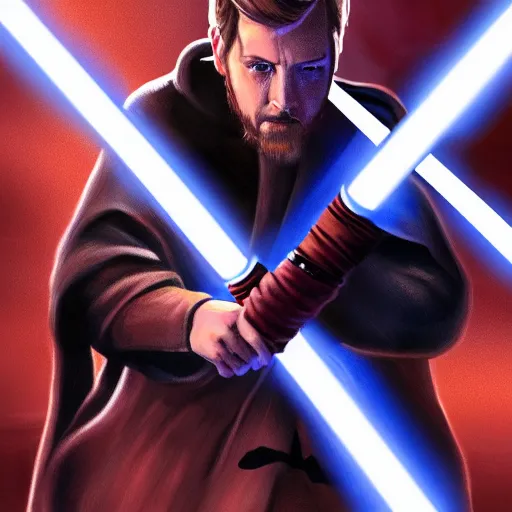 Image similar to obiwan fighting anakin with lightsabers digital art painting