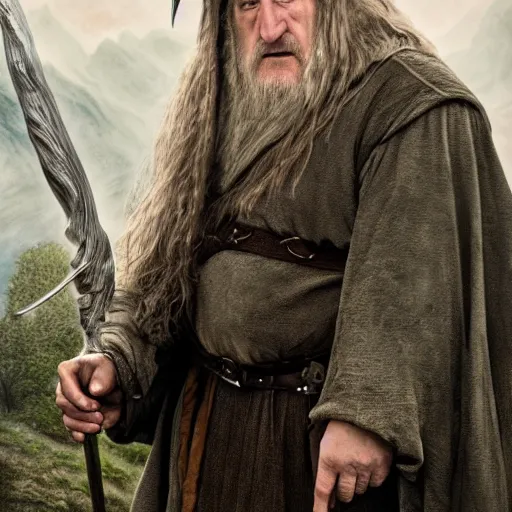 Image similar to Movie still of Gérard Depardieu as Gandalf in the Lord of the Rings in the Shire, fantasy, highly detailed, digital painting, artstation, concept art, sharp focus, illustration, art by Tony Sart and artgerm and randy vargas