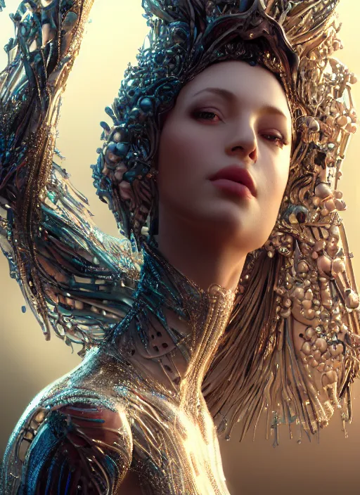 Image similar to beauteous stunning practical sumptuous androgynous biomechanical with incredible iridescent pearlescent voluminous hair, crystalline masterpiece incrustations, hyperdetailed face, elegant pose, movie still, intricate accuracy, octane render, cinematic forest lighting, cgsociety, unreal engine, crepuscular rays, god rays