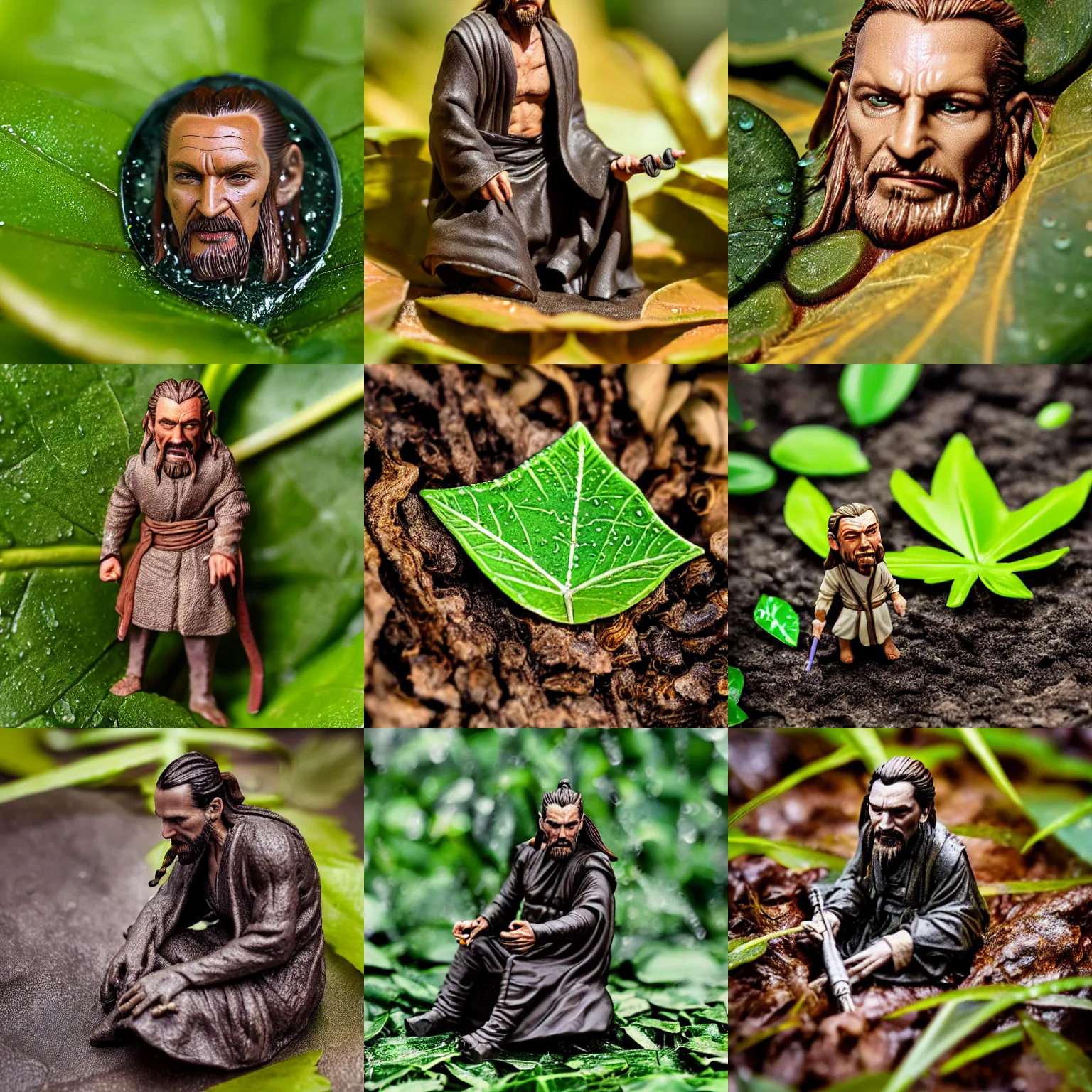 Prompt: Macro photography, 80mm Resin figure model of Qui-Gon Jinn, sheltering under a leaf in a garden, during the rain