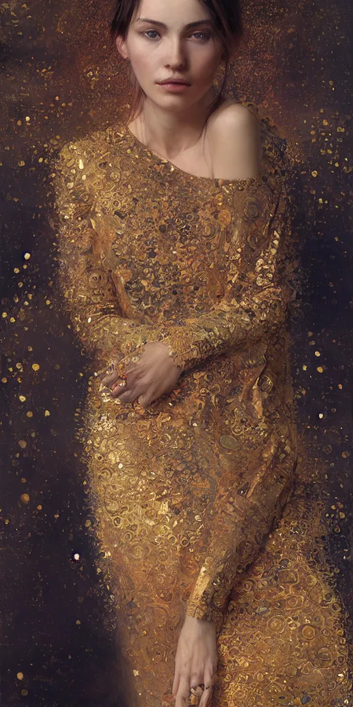 Image similar to an intricate portrait painting of an artistic pose young beautiful elegant angel, klimt golden motives and textures, hyper - detailed, octane render, vivid colors, artstation, by jeremy mann, by gustav klimt