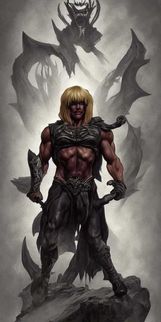 Prompt: one full body centered character pose of He-Man with a dark manner, atmospheric, dark, mysterious, shadowy, eerie, ominous, cinematic, Epic, 4k, ultra-detailed, ultra-realistic, colored ZBrush render, art by artgerm and Greg Rutkowski and Alphonse Mucha