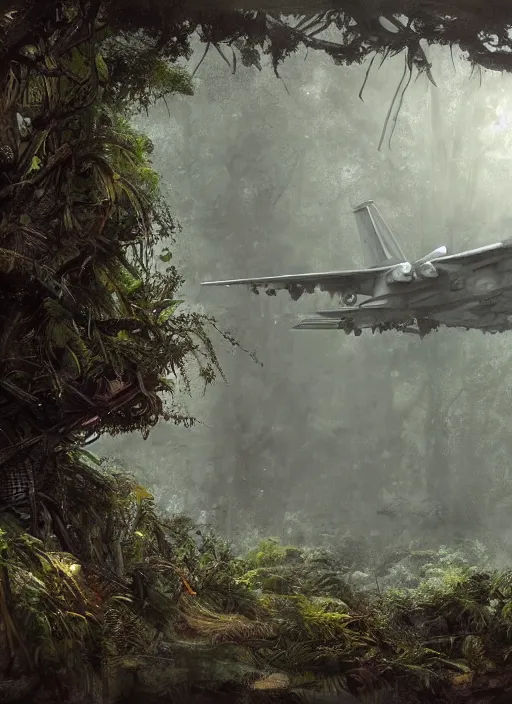 Prompt: the aircraft carrier USS Nimitz overgrown with vegetation laying on the ground of a tropical forest, post appocalyptic illustration by Luis Royo, by Greg Rutkowski, dark, gritty, intricate, cover illustration, concept art, volumetric lighting, volumetric atmosphere, sharp focus, octane render, trending on artstation, 8k