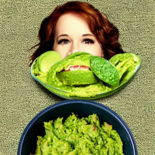 Image similar to molly ringwald face on a pile of guacamole