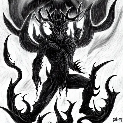 Image similar to full body grayscale drawing by Anato Finnstark of horned demon in heroic pose, swirling flames