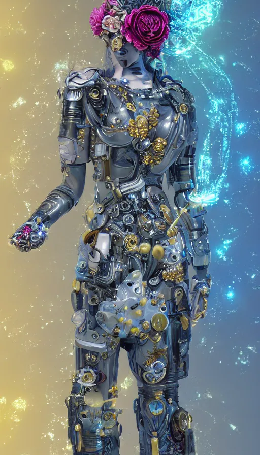 Image similar to full body head to toe portrait of a flowerpunk sci-fi cyborg ninja, third person, D&D, sci-fi fantasy, intricate, blue and gold, daisy and rose and miniature peony, highly detailed, art by Range Murata, highly detailed, 3d, octane render, bright colors, digital painting, trending on artstation, sharp focus, illustration style of Stanley Artgerm, dramatic background