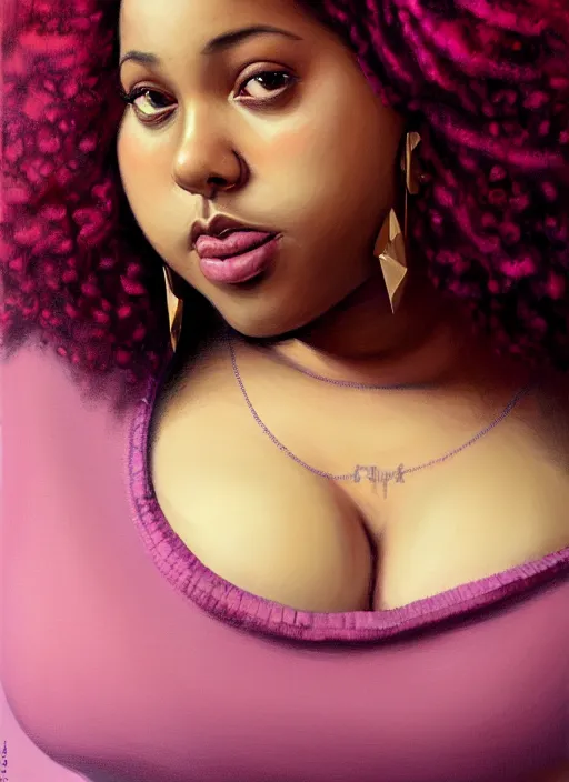 Image similar to full body portrait, teenage vanessa morgan, pink hair, dark skin, obese, curly pixie hair, sultry, realistic, short hair, hoop earrings, skirt, shirt, fat, belly, intricate, elegant, highly detailed, digital painting, artstation, concept art, smooth, sharp focus, illustration, art by wlop, mars ravelo and greg rutkowski