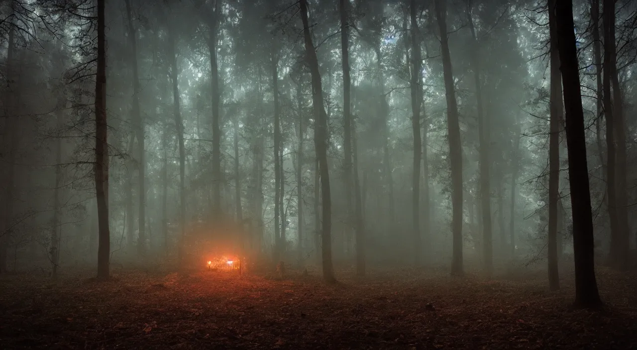 Prompt: many old tvs are standing in a big dark and foggy forest while you can see lights in the background, night, mysterious, octane, Unreal engine, professional photography