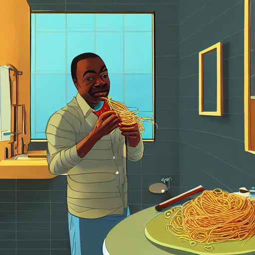 Prompt: levar burton eating spaghetti in a bathroom concept art, ultra realistic, digital art, rich deep colors, smooth shadows, high resolution, cinematic