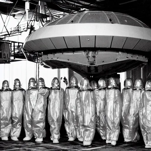 Prompt: dismantled ufo spaceship in hanger with people in hazmat suits standing around, grainy, vintage photo, sepia, old photo, realistic, detailed,