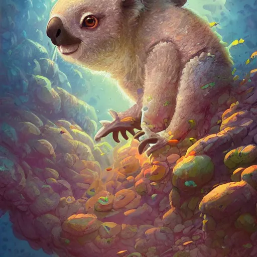 Image similar to sea koala colorful, fantasy, intricate, highly detailed, digital painting, hq, trending on artstation, illustration, style of stanley artgerm and greg rutkowski and dan mumford