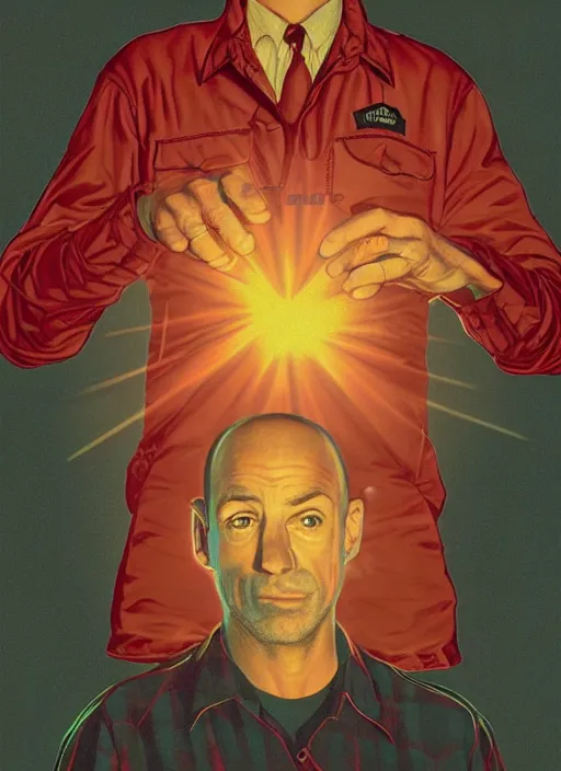 Image similar to Twin Peaks poster artwork by Michael Whelan and Bob Larkin, of portrait of Joe Rogan in red flannel, spotlight from the sky shining on him, from scene from Twin Peaks, clean, simple illustration, nostalgic, domestic