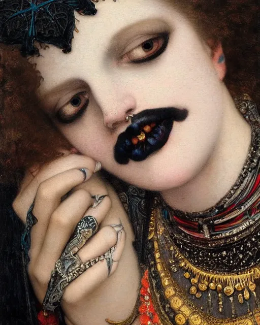 Prompt: a close up of beautiful gothic girl with black lipstick wearing a intricate necklace surrounded by colourful intricate patterns, by edgar maxence and caravaggio and michael whelan, intricate painting, hyper realistic, extremely detailed and beautiful aesthetic face, 8 k resolution