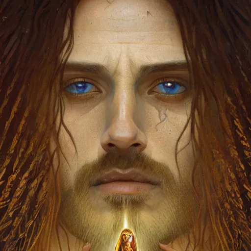 Image similar to surrealist painting of jesus with the head of a lizard, close up, surrealist, intricate, elegant, highly detailed, digital painting, artstation, concept art, smooth, sharp focus, illustration, art by greg rutkowski and alphonse mucha