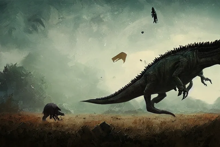 Prompt: Strange creatures roam across the alien world, dinosaurs flying over the land, alien landscape, telephoto lens, dramatic, atmospheric, cinematic, ultra-detailed, realistic, by Ismail Inceoglu, by Wojciech Siudmak