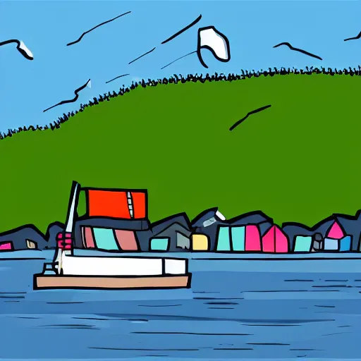 Prompt: big rv on the grass by the harbor in maine, rocky coast, sailboats in the water, tiny village, white background, digital cartoon painting art, 4 colors!!! trending on artstation