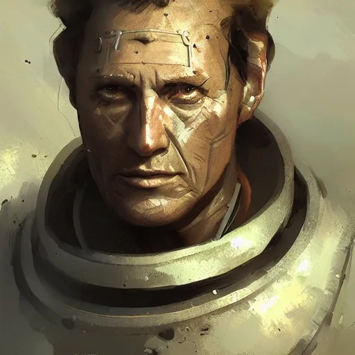 Image similar to a neolithic priest, male, cybernetically enhanced, sci fi character portrait by greg rutkowski, craig mullins