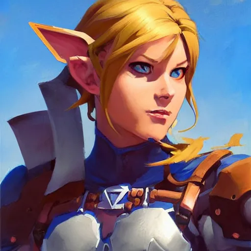 Image similar to greg manchess portrait painting of partially armored female link from legend of zelda as overwatch character, medium shot, asymmetrical, profile picture, organic painting, sunny day, matte painting, bold shapes, hard edges, street art, trending on artstation, by huang guangjian and gil elvgren and sachin teng