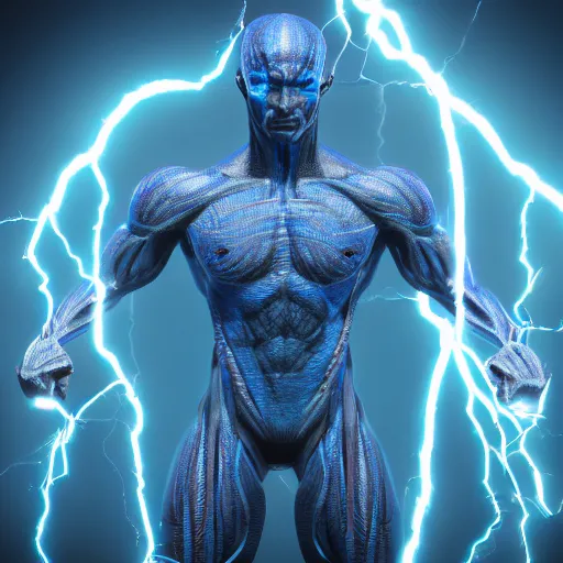 Image similar to photography of a hyper realistic highly detailed stunning humanoid creature, controls complex and highly detailed blue lightning strikes as a super power. professionnal digital art, artstatiom, stuning, intricate, complex, unreal engine 5.