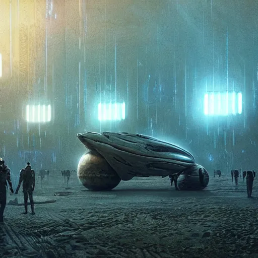 Prompt: scene from bladerunner 2 0 4 9 movie, hr giger artlilery spaceship lands in an alien landscape, filigree ornaments, volumetric lights, syd mead, simon stalenhag, craig mullins