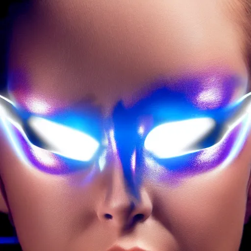 Prompt: cybernetic chrome woman with horizontal glowing blue band for eyes