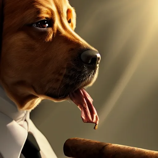 Image similar to a dog wearing a business suit smoking a cigar, dramatic lighting, cinematic, establishing shot, extremly high detail, photorealistic, cinematic lighting, concept art, artstation, style by greg rutkowsky