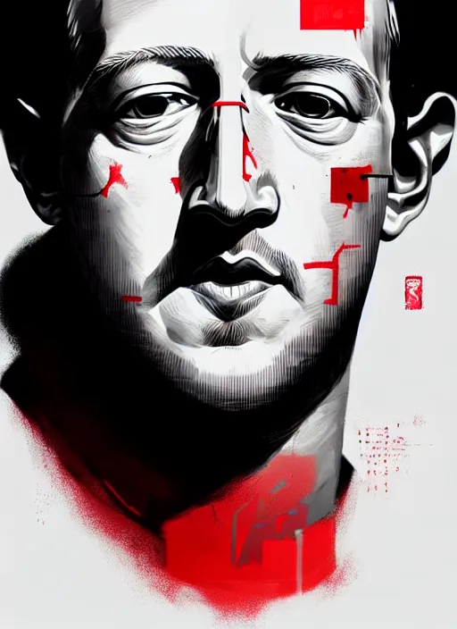 Prompt: highly detailed closeup portrait of mark zuckerberg, mudoken, by atey ghailan, by greg rutkowski, by greg tocchini, by james gilleard, by joe fenton, by kaethe butcher, gradient red, black, brown and white color scheme, grunge aesthetic!!! white graffiti tag wall background