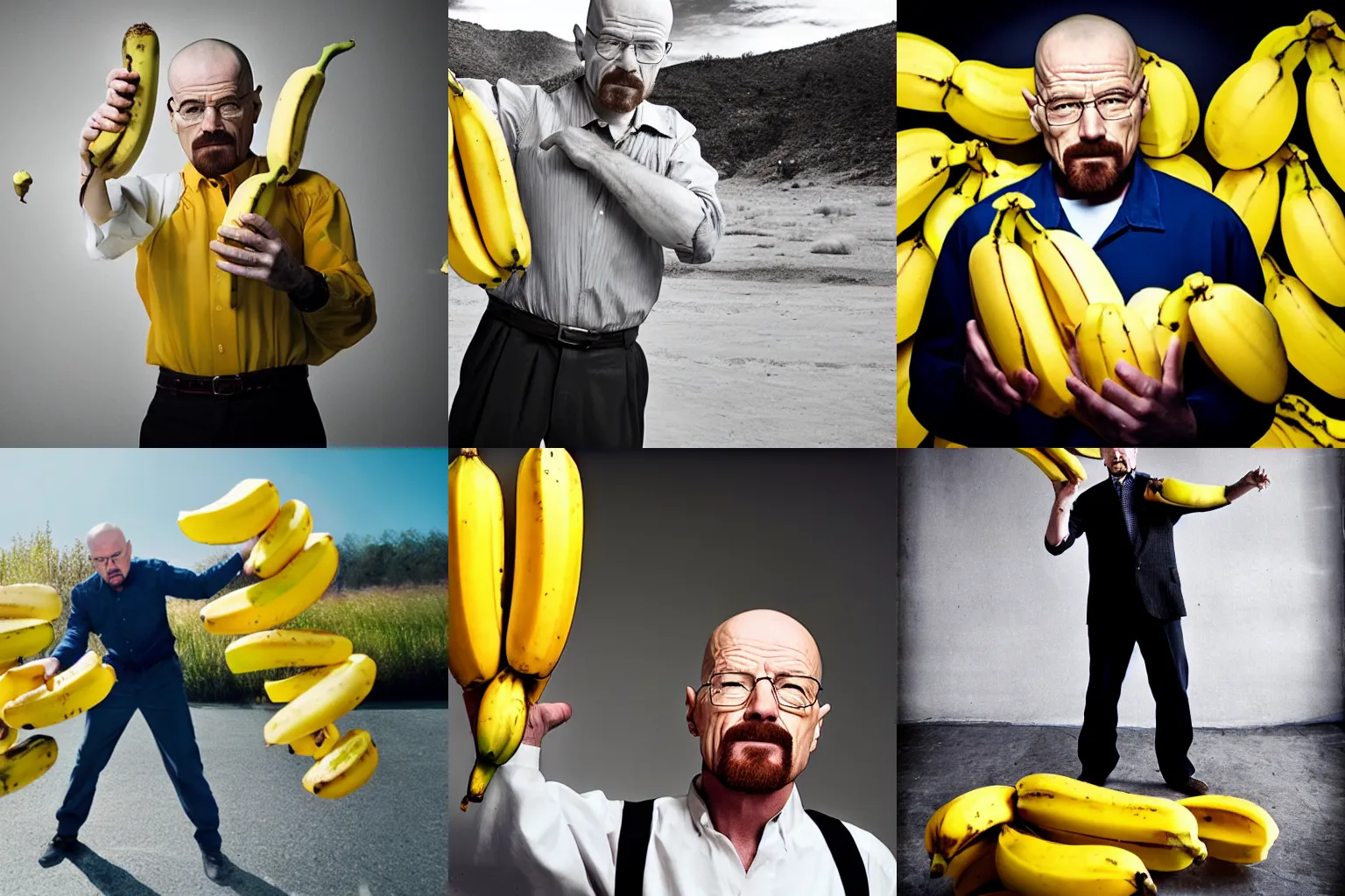 Prompt: walter white juggling bananas, photography