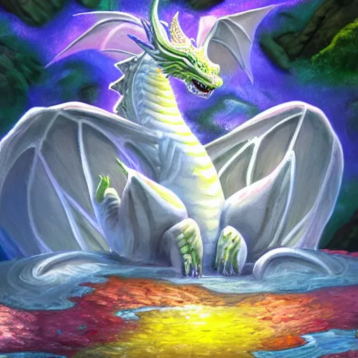 Image similar to detailed painting of a white dragon sitting in the middle of a colorful geothermal hotspring in a cavern, featured on artstation