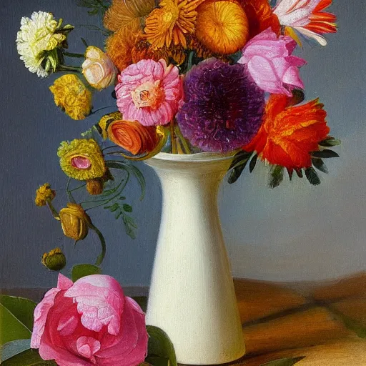 Image similar to A still life painting of a vase of flowers, with a bright and colorful palette, by Dutch artist Jan van Huysum