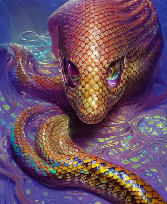 Prompt: intricate colorful transparent portrait of a disturbing beautiful alien snake creature, mottled coloring, adorable, childlike, underwater environment, ultra realistic, concept art, art nouveau, photorealistic, octane render, 8 k, unreal engine. art by christopher marley and artgerm and greg rutkowski and alphonse mucha