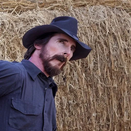 Image similar to Film still of Christian Bale, bailing hay, in new movie called the Hay Bailer