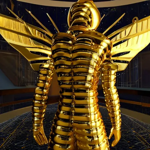 Prompt: a man 4 5 meters tall covered completely with a golden armor, his skin looks like piano keys and can bee seen between the armor, he has wings made of energy in his back, he has a thurible in his hand, he lives in the year 3 0 0 0, unreal engine 5