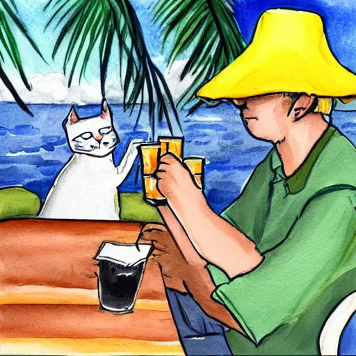 Image similar to an illustration a cat wearing a bucket hat and a hawaii shirt drinking a beer at an outdoor bar, watercolor drawing