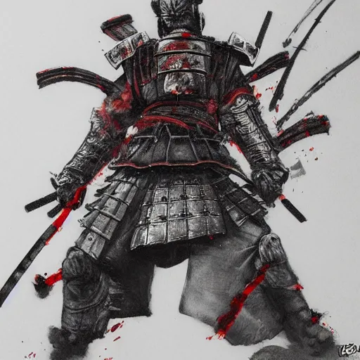 Prompt: bloody samurai standing in a battlefield, trending on artstation, 8k, drawn by yoshitaka amano