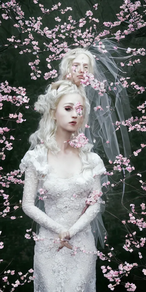 Prompt: A beautiful gothic princess, bride, queen, cherry blossom tree background, sakura tree background, lace veil, octopus haircut, wedding, shy girl, hyperrealism, full body portrait, crystals, all white dress with pink + volumetric lighting + ambient occlusion + rtx + detailed textures + micro details + post processing + photo realism + realistic + octane render, Unreal Engine, Highly Detailed, Dramatic Lighting, Beautiful