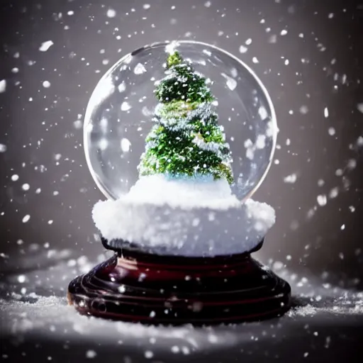 Prompt: picture of a snow globe, inside the snow globe is a small town. Background is pure black. Snow globe is on a gray desk. Studio lighting