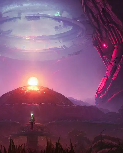 Prompt: alien temple, beautiful landscape, nier automata, protoss!!!!, machine planet, mothership in the sky, pink sun, tropical forest, colorful light, advanced technology, cinematic lighting, highly detailed, masterpiece, art by bastien grivet and darwin cellis and jan urschel