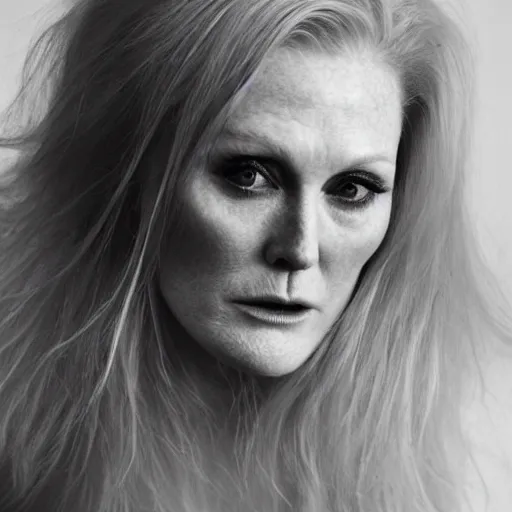 Prompt: portrait photo of julianne moore, full platinum blond, intense, pale skin, by kyle thompson, realistic, high detail, high quality, trending on pinteresst