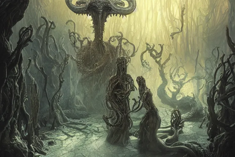 Image similar to a lovecraftian painting of a demonic shrine, occult, moster summoning, warlocks ritual, cosmic horror elements, ultra realistic, concept art, intricate details, eerie, highly detailed, photorealistic, octane render, 8 k, unreal engine. art by artgerm and greg rutkowski and alphonse mucha