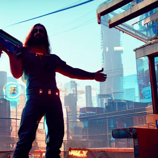 Image similar to Jesus in Cyberpunk 2077 with a pistol, concept art, unreal engine, 4k render, global illumination, blender, cycles, featured on artstation, pixiv