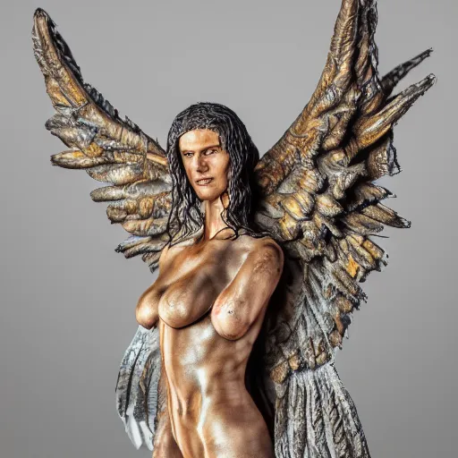 Image similar to photo taken of an epic intricate, ultra detailed, super realistic gritty, terrifying, lifelike sculpture of a biblical correct winged angel design created by weta workshop, zoomed in shots, photorealistic, sharp focus, cold colour temperature, f 0. 4, face centred